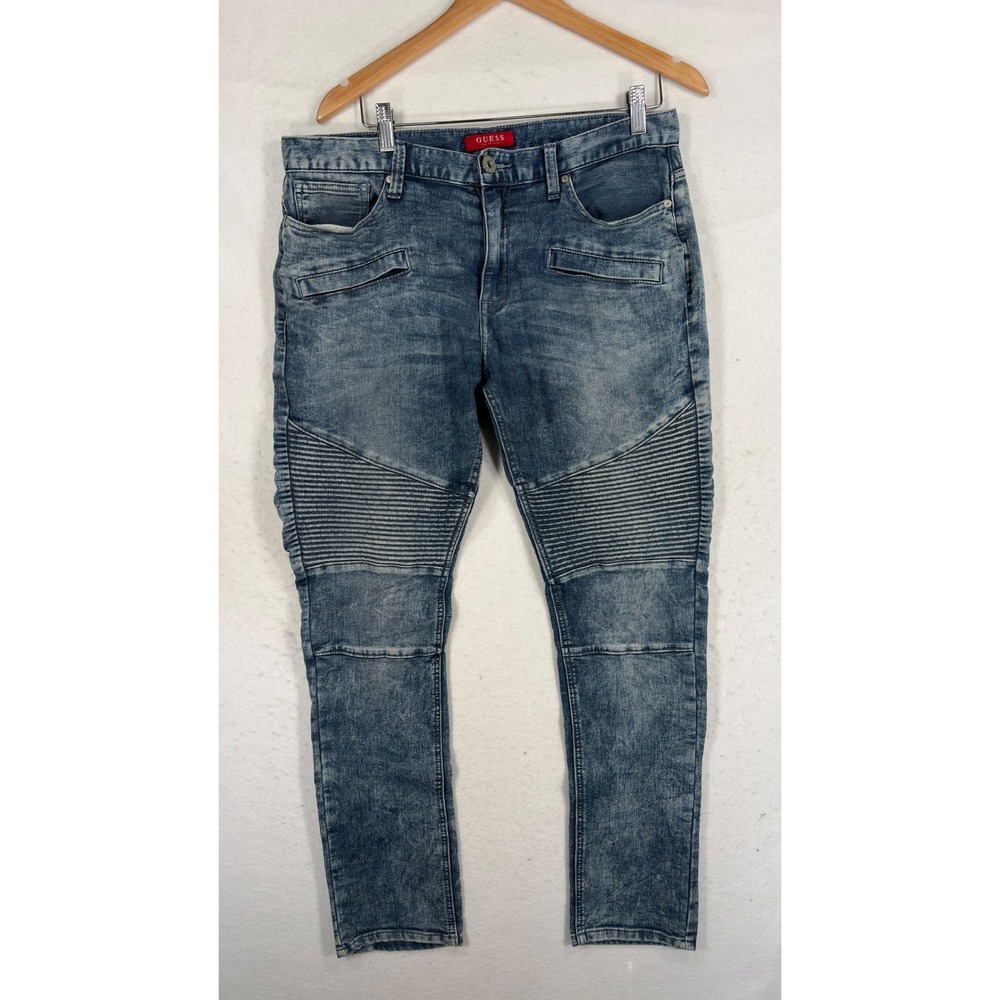 Guess Mens Moto Biker Jeans Acid Wash Blue Slim Fit Ribbed Knee Denim 34 x 31